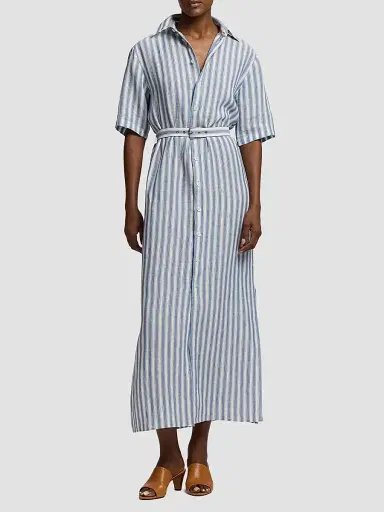 Ralph Lauren Collection Women's Carol Umbrella Stripe Linen Shirtdress - Chambray Blue Cream - Size 8 | Thumbnail 3 Ralph Lauren Collection Women's Carol Umbrella Stripe Linen Shirtdress - Chambray Blue Cream - Size 8 | Thumbnail 3