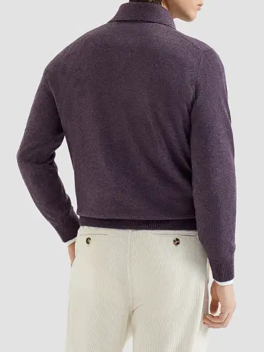 Brunello Cucinelli Men's Cashmere Knit Polo Shirt - Blueberry | Thumbnail 3 Brunello Cucinelli Men's Cashmere Knit Polo Shirt - Blueberry | Thumbnail 3