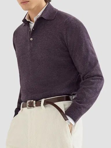 Brunello Cucinelli Men's Cashmere Knit Polo Shirt - Blueberry | Thumbnail 4 Brunello Cucinelli Men's Cashmere Knit Polo Shirt - Blueberry | Thumbnail 4