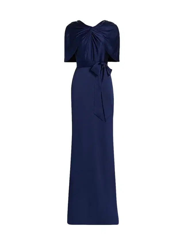 Women's Hammered Satin Cape Sleeve Gown - Navy