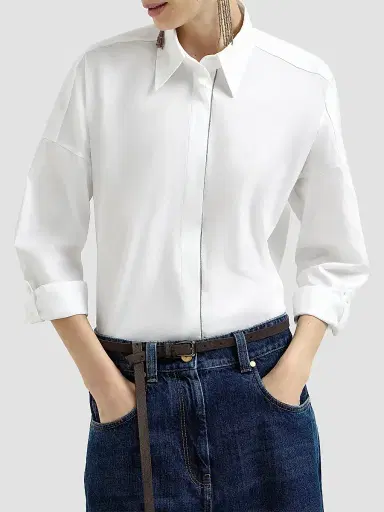 Brunello Cucinelli Women's Stretch Cotton Poplin Shirt with Shiny Trim - White - Size XXXL | Thumbnail 2 Brunello Cucinelli Women's Stretch Cotton Poplin Shirt with Shiny Trim - White - Size XXXL | Thumbnail 2