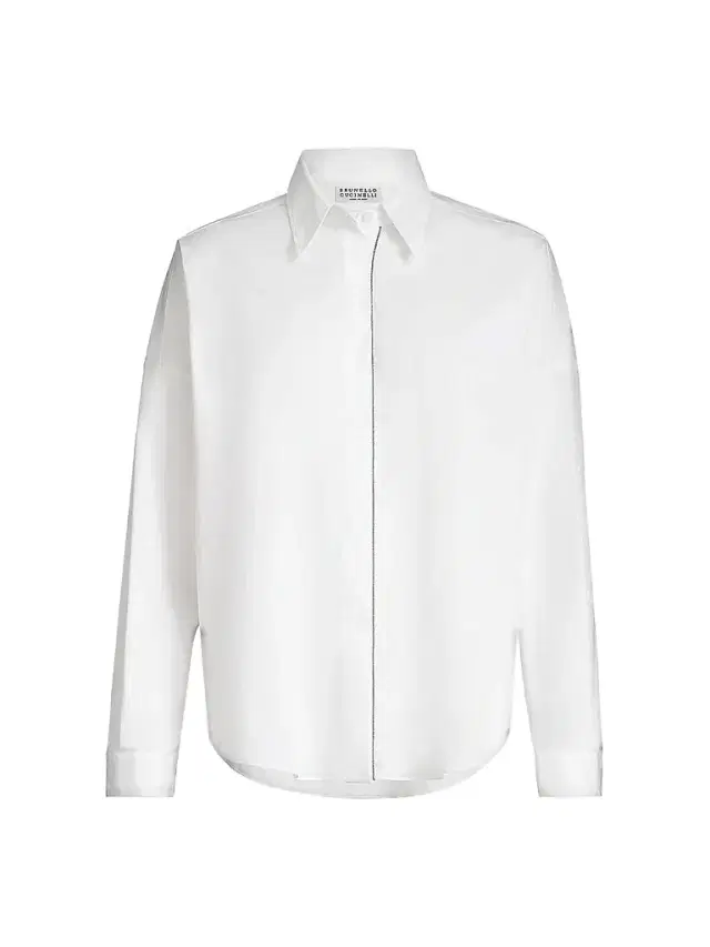 Women's Stretch Cotton Poplin Shirt with Shiny Trim - White