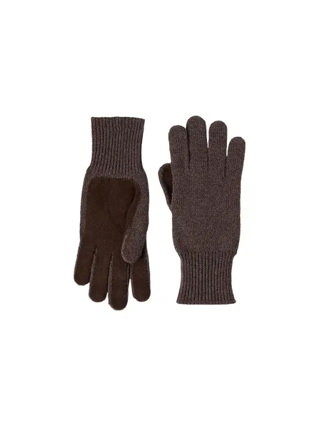 Men's Cashmere Knit Gloves with Suede Palm - Brown
