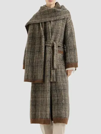 Brunello Cucinelli Women's Mohair and Wool Prince of Wales Double Knit Coat with Scarf - Brown - Size XS | Thumbnail 2