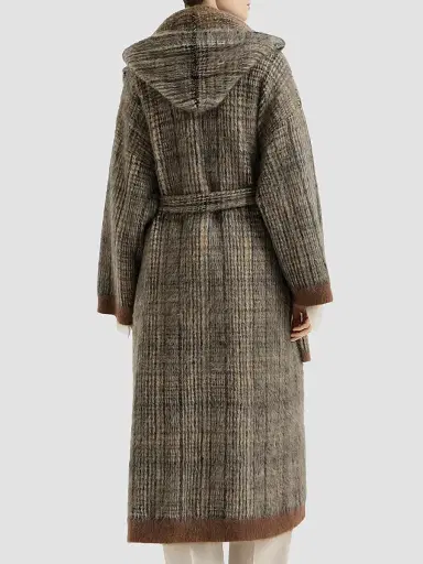 Brunello Cucinelli Women's Mohair and Wool Prince of Wales Double Knit Coat with Scarf - Brown - Size XS | Thumbnail 3