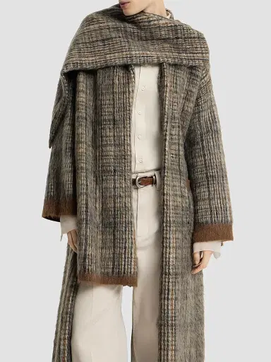 Brunello Cucinelli Women's Mohair and Wool Prince of Wales Double Knit Coat with Scarf - Brown - Size XS | Thumbnail 4
