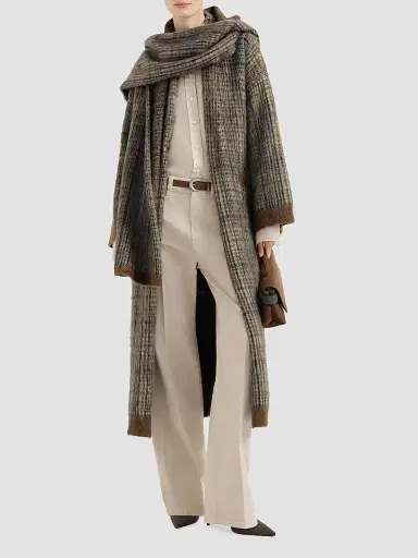Brunello Cucinelli Women's Mohair and Wool Prince of Wales Double Knit Coat with Scarf - Brown - Size XS | Thumbnail 6