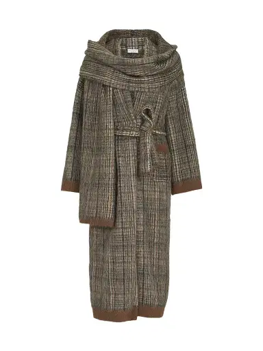 Brunello Cucinelli Women's Mohair and Wool Prince of Wales Double Knit Coat with Scarf - Brown - Size XS | Thumbnail 1