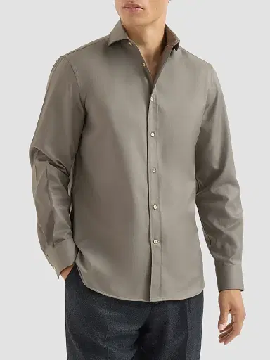 Brunello Cucinelli Men's Garment-Dyed Twill Shirt with Spread Collar - Khaki - Size XXXXL | Thumbnail 2