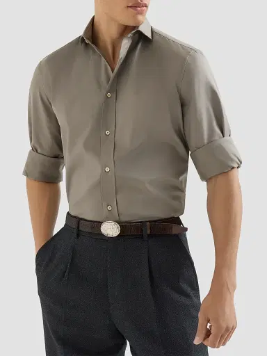 Brunello Cucinelli Men's Garment-Dyed Twill Shirt with Spread Collar - Khaki - Size XXXXL | Thumbnail 4