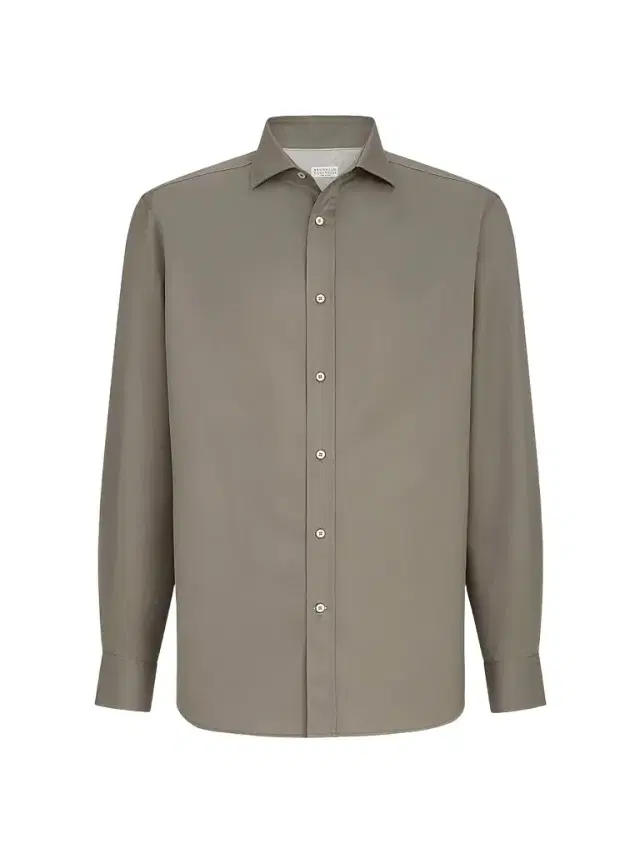 Brunello Cucinelli Men's Garment-Dyed Twill Shirt with Spread Collar - Khaki