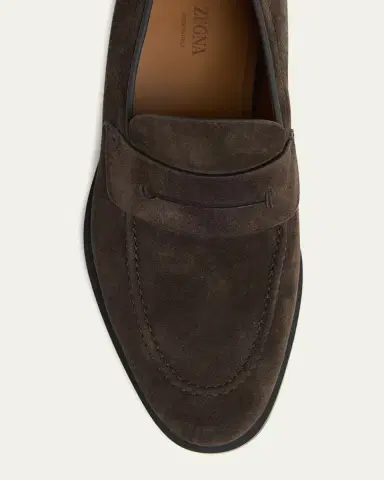 Zegna Men's Suede Rubber-Sole Penny Loafers | Thumbnail 3