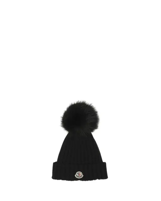 Moncler Wool Beanie with Faux Fur Pom