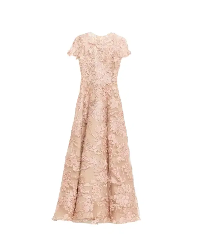Floral Raffia Embroidered Tulle Short-Sleeve Gown