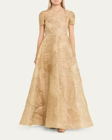 Naeem Khan Metallic Raffia Embroidered Short-Sleeve Gown | Thumbnail 2 Naeem Khan Metallic Raffia Embroidered Short-Sleeve Gown | Thumbnail 2