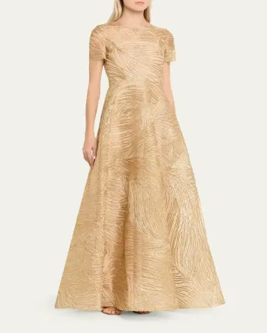 Naeem Khan Metallic Raffia Embroidered Short-Sleeve Gown | Thumbnail 4 Naeem Khan Metallic Raffia Embroidered Short-Sleeve Gown | Thumbnail 4