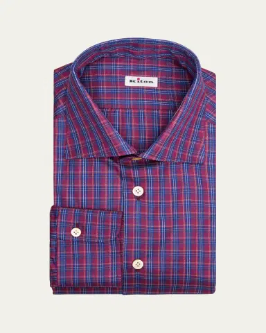 Kiton Men's Plaid Cotton Dress Shirt | Thumbnail 5 Kiton Men's Plaid Cotton Dress Shirt | Thumbnail 5