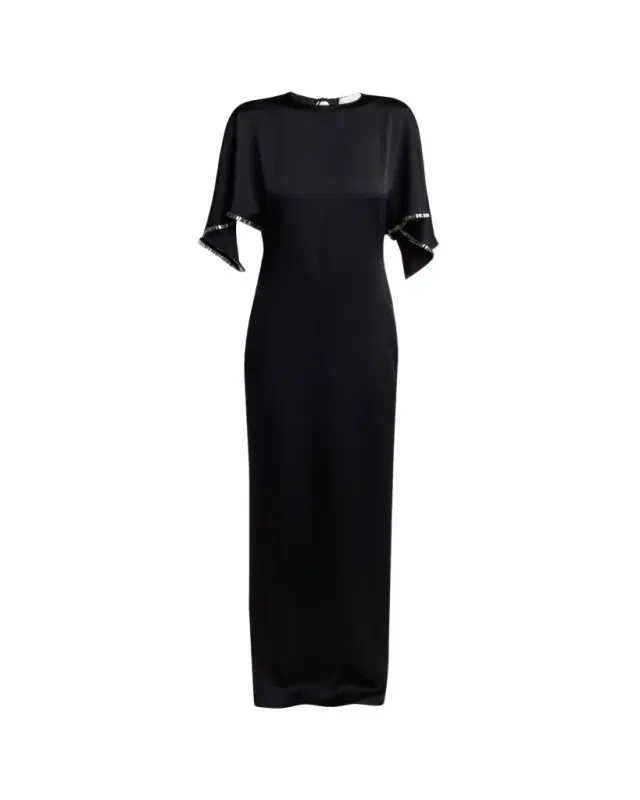 Embellished Flutter-Sleeve Satin Column Gown