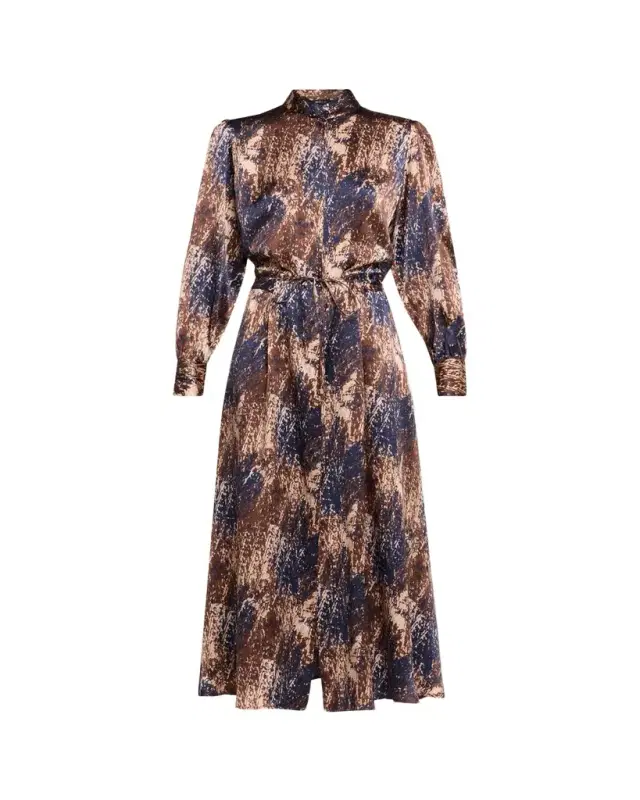 Long-Sleeve Abstract-Print Silk Drawstring Maxi Shirtdress