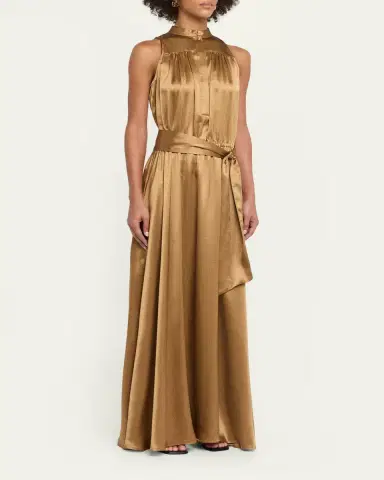 Kiton Sleeveless Gathered Silk Maxi Dress With Belt | Thumbnail 4