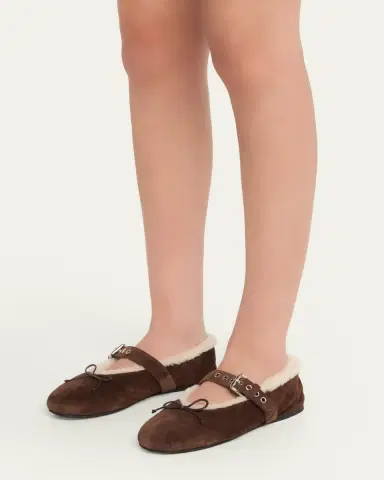 Miu Miu Shearling-Lined Suede Mary Jane Ballerina Flats | Thumbnail 2