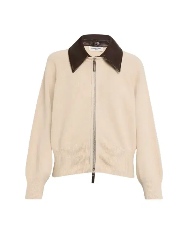 Conrad Leather-Collar Cashmere Zip Cardigan