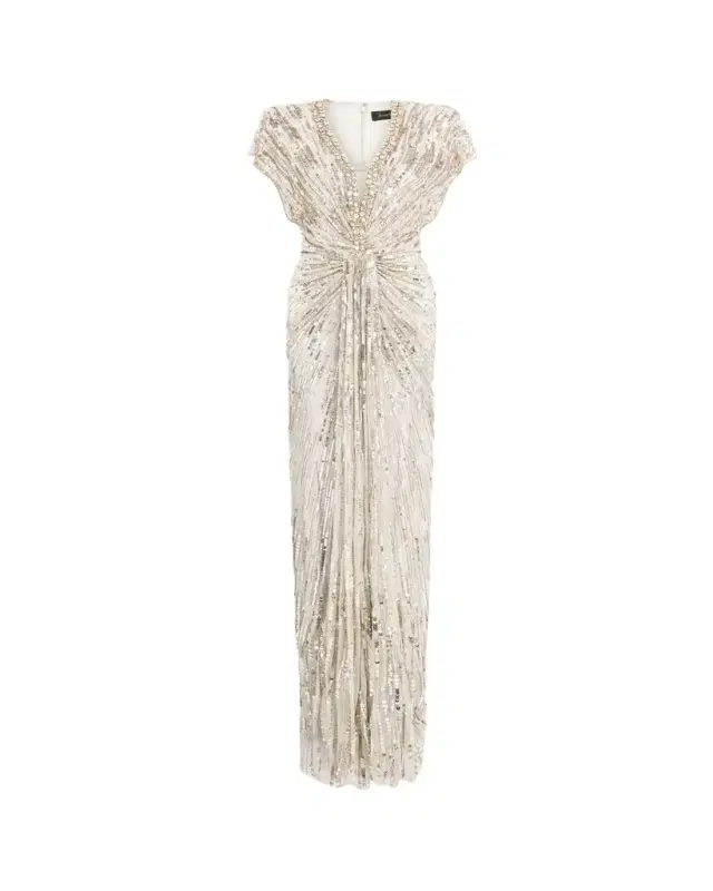 Jenny Packham Lacie V-Neck Cap-Sleeve Beaded Gown