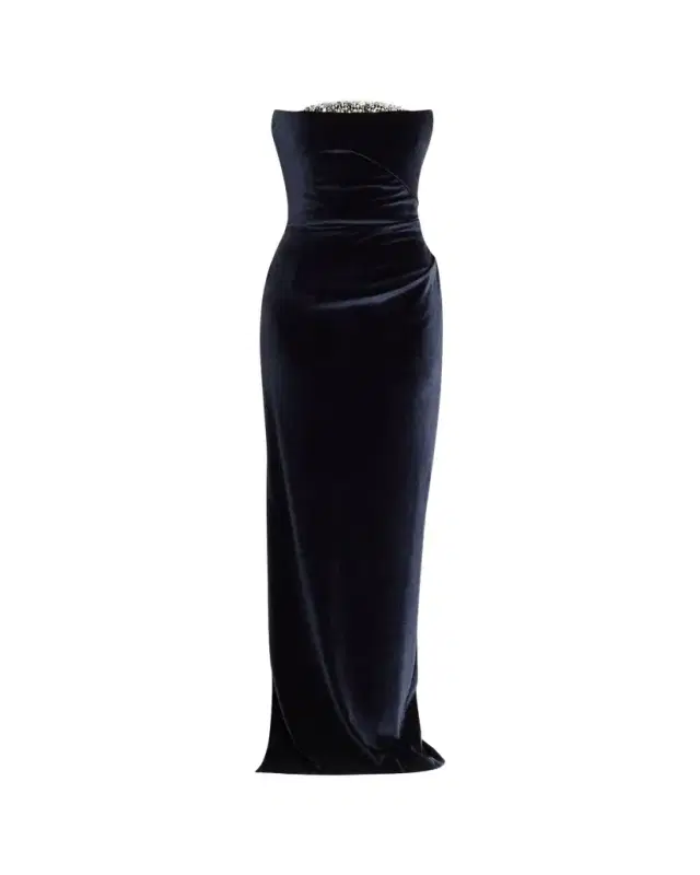 Strapless Crystal Embellished Velvet Column Gown