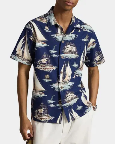 Polo Ralph Lauren Men's Classic Fit Sailboat-Print Oxford Camp Shirt | Thumbnail 4 Polo Ralph Lauren Men's Classic Fit Sailboat-Print Oxford Camp Shirt | Thumbnail 4