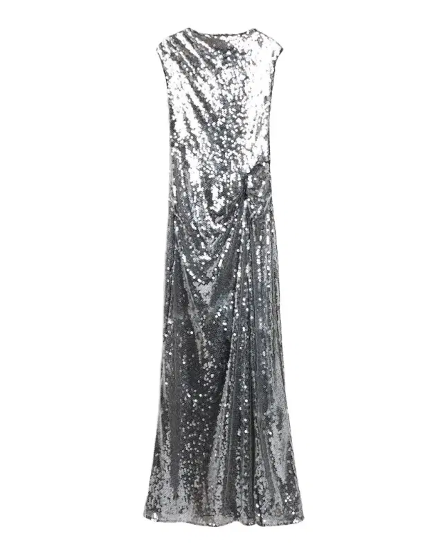 Draped Sequined Mesh Sleeveless Gown