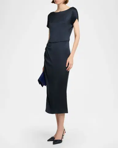 Giorgio Armani Cap-Sleeve Draped Satin Midi Dress | Thumbnail 3
