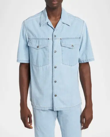 Versace Men's Embroidered-Logo Short-Sleeve Denim Shirt | Thumbnail 3 Versace Men's Embroidered-Logo Short-Sleeve Denim Shirt | Thumbnail 3