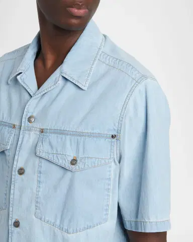 Versace Men's Embroidered-Logo Short-Sleeve Denim Shirt | Thumbnail 4 Versace Men's Embroidered-Logo Short-Sleeve Denim Shirt | Thumbnail 4