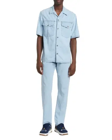 Versace Men's Embroidered-Logo Short-Sleeve Denim Shirt | Thumbnail 1 Versace Men's Embroidered-Logo Short-Sleeve Denim Shirt | Thumbnail 1