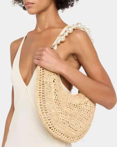 BTB Los Angeles Rae Pearly-Strap Crochet Raffia Hobo Bag | Thumbnail 2 BTB Los Angeles Rae Pearly-Strap Crochet Raffia Hobo Bag | Thumbnail 2