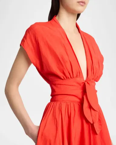 Alaïa Plunging Belted Linen Midi Dress | Thumbnail 4