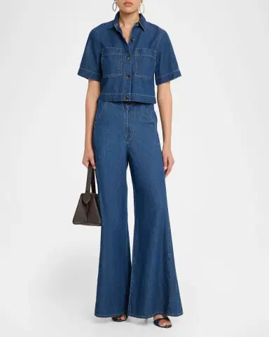 Veronica Beard Spruce Short-Sleeve Denim Top | Thumbnail 2 Veronica Beard Spruce Short-Sleeve Denim Top | Thumbnail 2