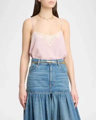 Chloé Drawstring Lace-Trim Silk Crepe De Chine Cami Top | Thumbnail 3