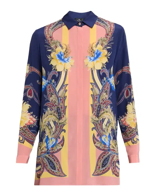 Paisley-Print Silk Button-Down Tunic Shirt