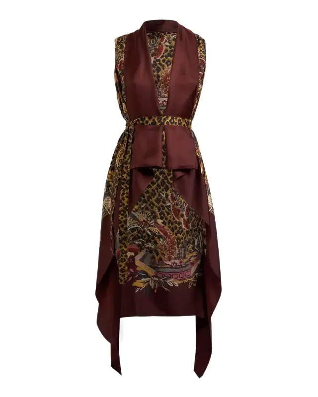 Etro Leopard & Avian Print Silk Foulard Vest