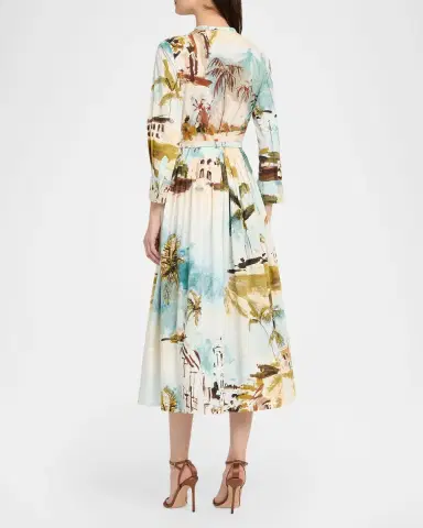 Oscar de la Renta Long-Sleeve Landscape-Print Cotton Poplin Midi Shirtdress With Belt | Thumbnail 2