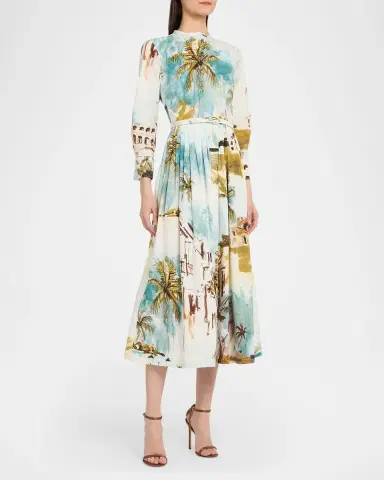 Oscar de la Renta Long-Sleeve Landscape-Print Cotton Poplin Midi Shirtdress With Belt | Thumbnail 3