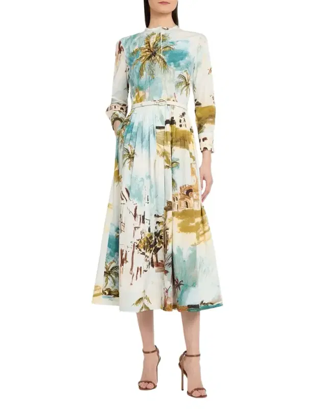 Oscar de la Renta Long-Sleeve Landscape-Print Cotton Poplin Midi Shirtdress With Belt