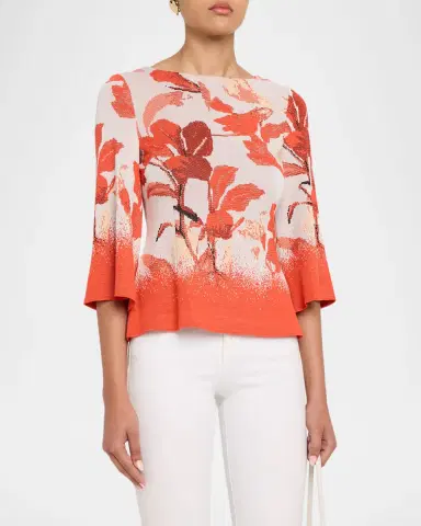 Misook Floral Jacquard Bell-Sleeve Top | Thumbnail 4