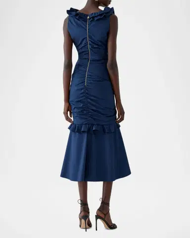 Carolina Herrera Sleeveless V-Neck Ruched and Ruffled Midi Dress | Thumbnail 2 Carolina Herrera Sleeveless V-Neck Ruched and Ruffled Midi Dress | Thumbnail 2