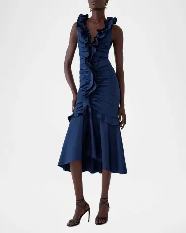 Carolina Herrera Sleeveless V-Neck Ruched and Ruffled Midi Dress | Thumbnail 3 Carolina Herrera Sleeveless V-Neck Ruched and Ruffled Midi Dress | Thumbnail 3