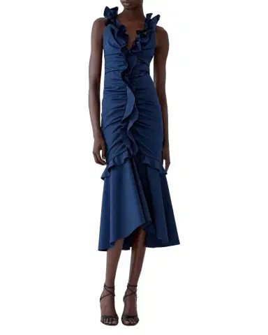 Carolina Herrera Sleeveless V-Neck Ruched and Ruffled Midi Dress | Thumbnail 1 Carolina Herrera Sleeveless V-Neck Ruched and Ruffled Midi Dress | Thumbnail 1