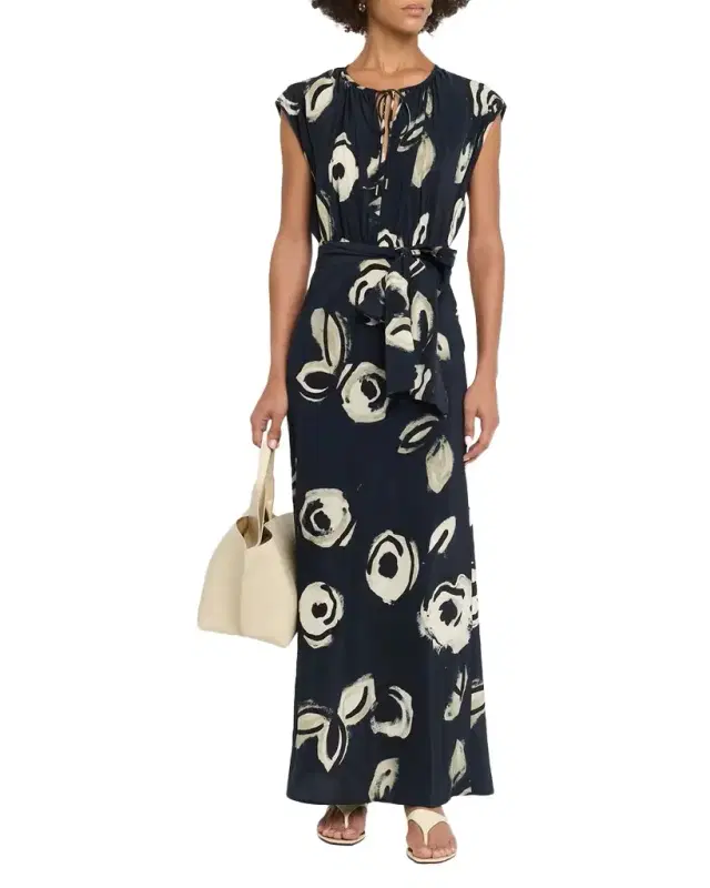 Max Mara Cap-Sleeve Floral-Print Silk Belted Maxi Dress