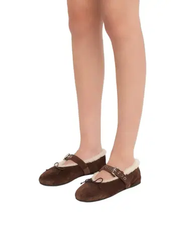 Miu Miu Shearling-Lined Suede Mary Jane Ballerina Flats | Thumbnail 1