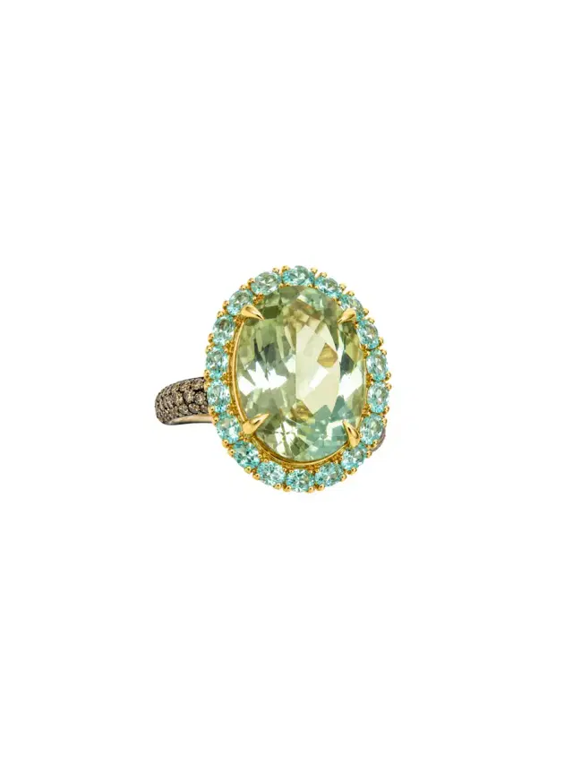 Wish Fine Jewelry 13.45ct Green Amethyst Apatite Diamond 18K Gold Cocktail Ring